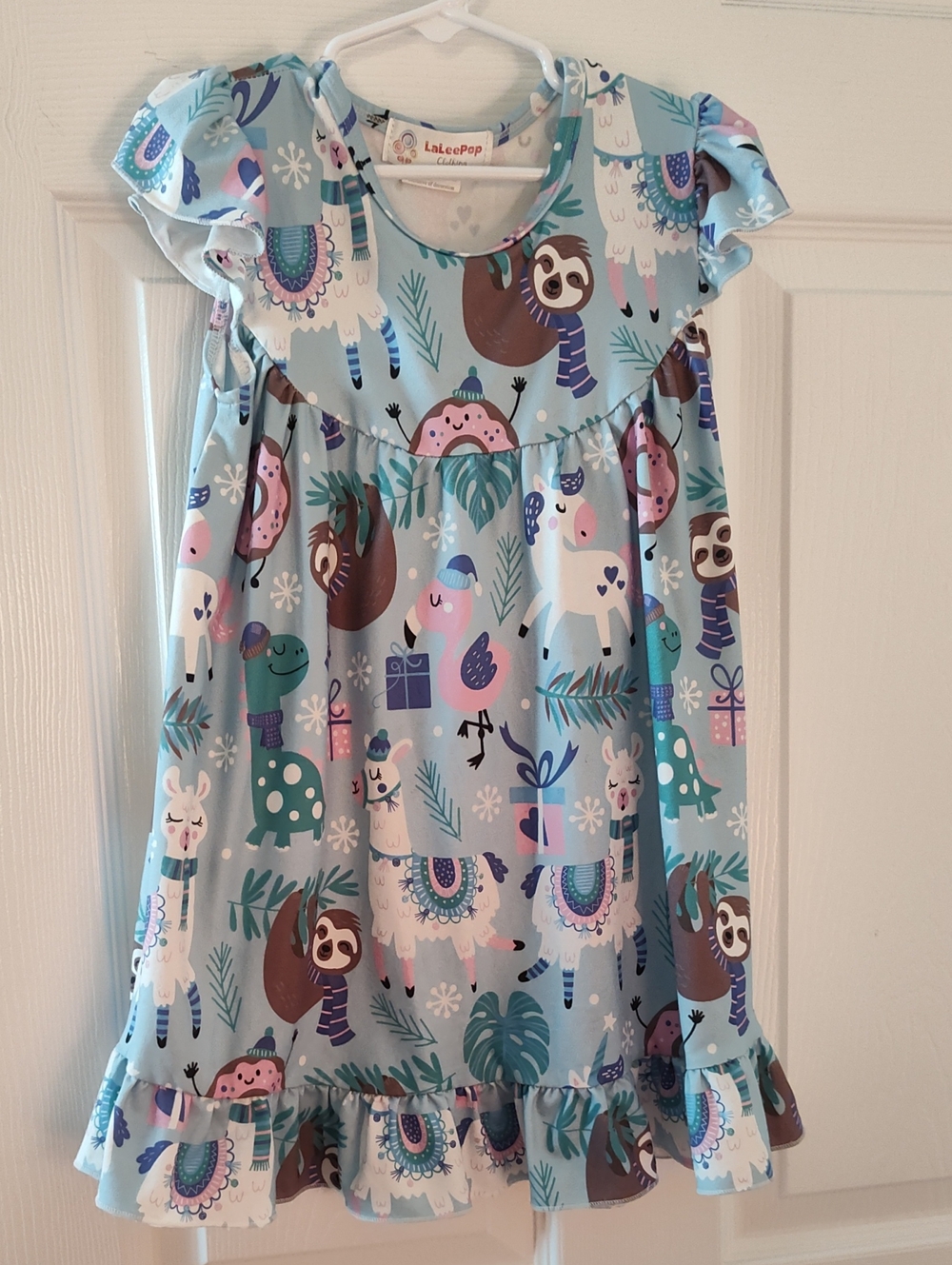 Girls' Light Blue Llama & Sloth Print Casual Dress